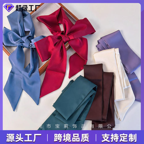 Custom Material High-Stretch Solid Fine Narrow Long Stripe Wear Jewelry Lapel Extended Candy Fruit Color Silk Scarf Tie Bag With Headband Silk Scarf