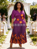 French V-Neck Pleated Printed Crystal Long Skirt + Top 2-Piece Set