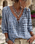 Summer Bohemian 3/4 Sleeve V-Neck Tie-Front Drawstring Shirt