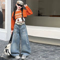 Girls' Short Knit Hoodie Tank Embroidered Jeans Three-Piece Set