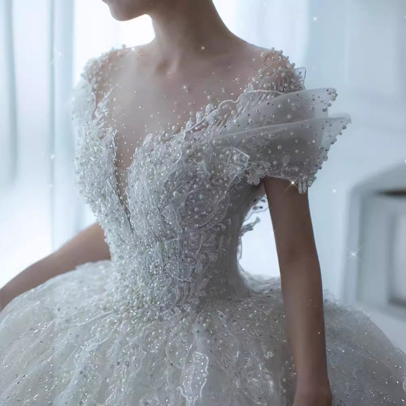 Custom Princess Wedding Gown - Off-Shoulder Pearlescent Train Bridal Dress