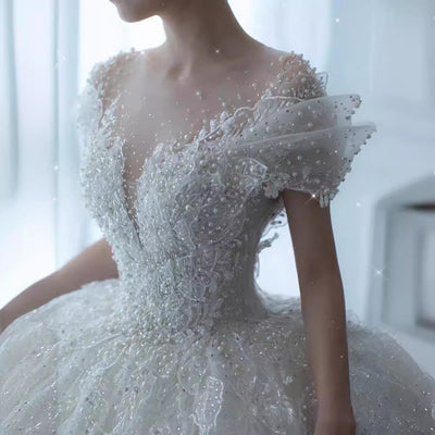 Custom Princess Wedding Gown - Off-Shoulder Pearlescent Train Bridal Dress