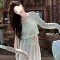 Women's Spring French Trendy Long Sleeve Hollow-Out Loose Knit Top 2026 - Yellow