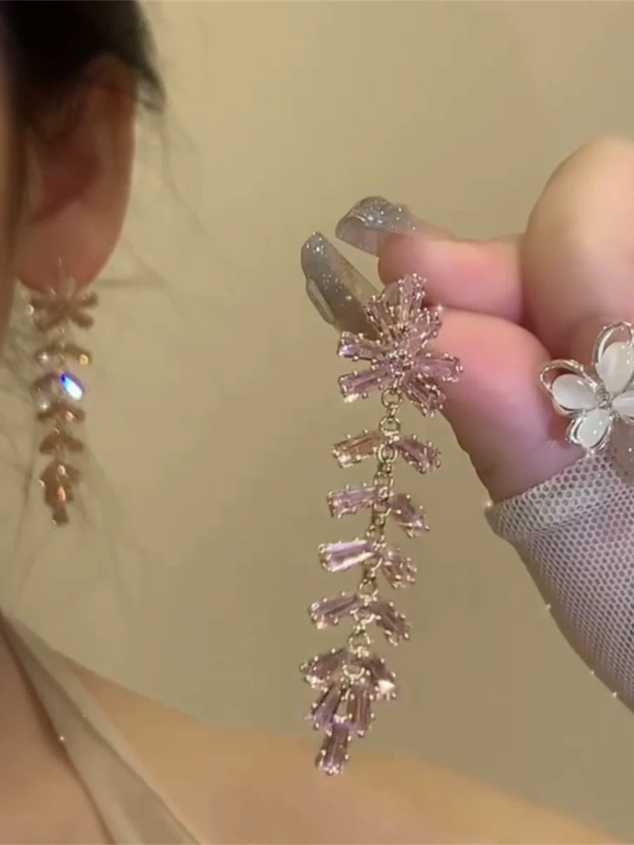 Crystal Flower Rhinestone Tassel Earrings - view 10