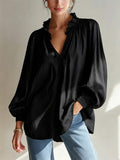 Casual Lantern Sleeve Long Sleeve V-Neck Ruffle Shirt