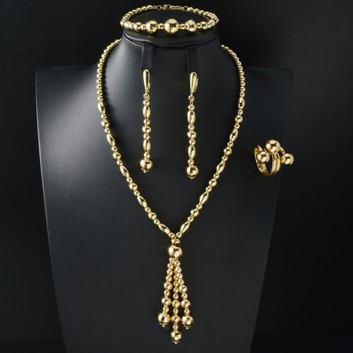 Heavy-Duty Gold Bead Fringe Jewelry Set Wedding Banquet Necklace Earrings Set Bracelet Ring 4-Piece Set Accessory