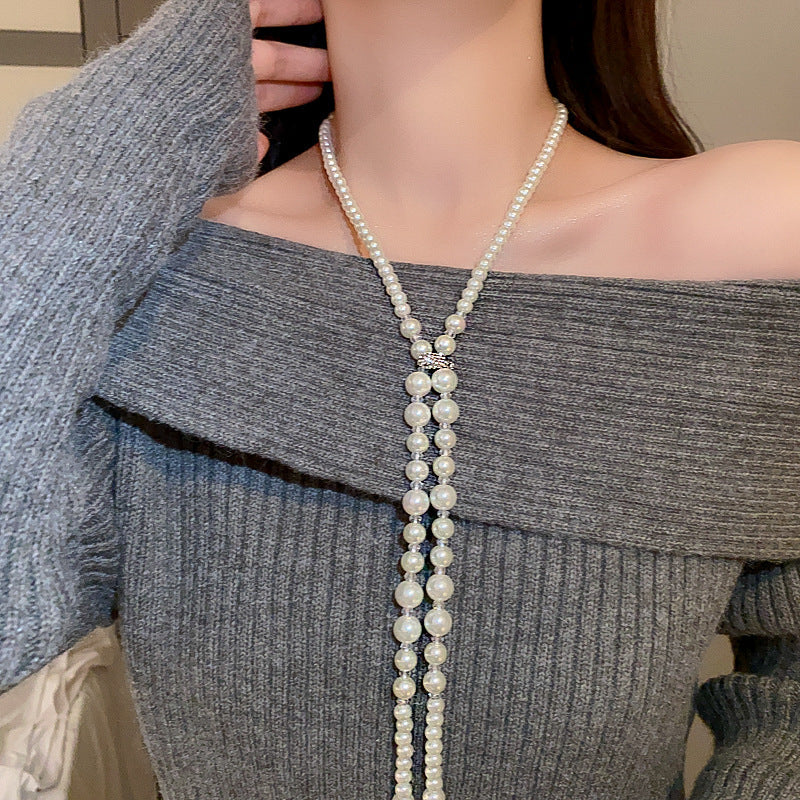 French Layered Rhinestone Pearl Necklace - view 9