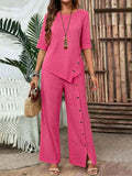 Casual Fashion Asymmetric Loose Hem Shirt + Pants 2-Piece Set