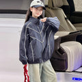 Girls' Embroidered Drawstring Stand Collar Zip Jacket