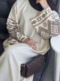Ethnic Geometric Embroidered Long Sleeve Dress, Fashion Robe