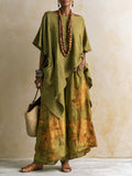 Women's Ethnic Vacation Linen Printed Loose Wide Leg Pants + Top 2-Piece Set 2026 - Olive
