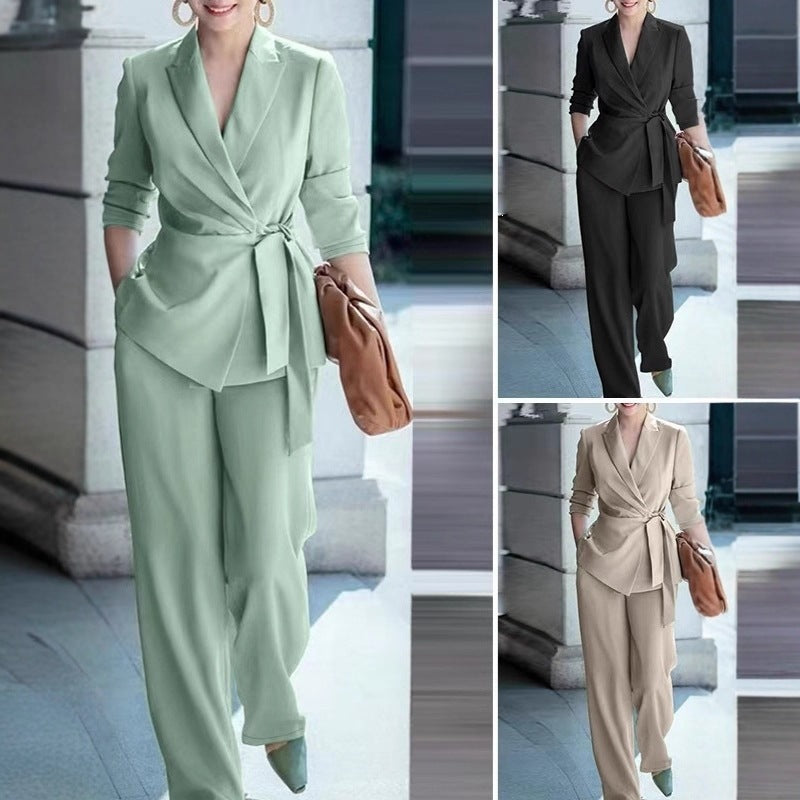 Fall Casual Fashion Tie-Front Pants + Top 2-Piece Set