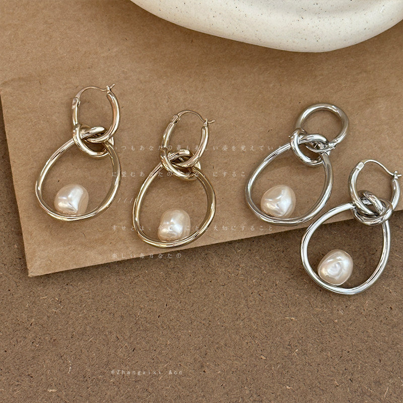French Vintage Oval Pearl Hoop Earrings - view 4