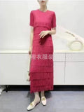 Pleated Fringe Short Sleeve Long Dress, Light Luxury Casual