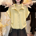 Summer Korean Elegant Short Sleeve Lapel Collar Drawstring Waist-Tie Shirt