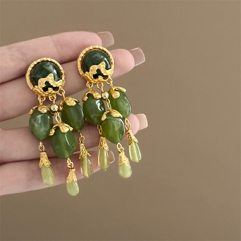 Olive Green Oval Pendant Tassel Stud Earrings – Vintage Style - view 2