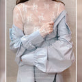 Women's Half High Neck Lace Mesh Slim Top