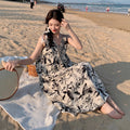 Chinese Ink Print V-Neck Camisole Loose Over-Knee Dress