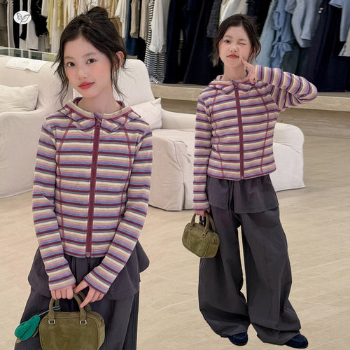Girls' Rainbow Striped Hooded Cardigan Set - Diaper Look Pants