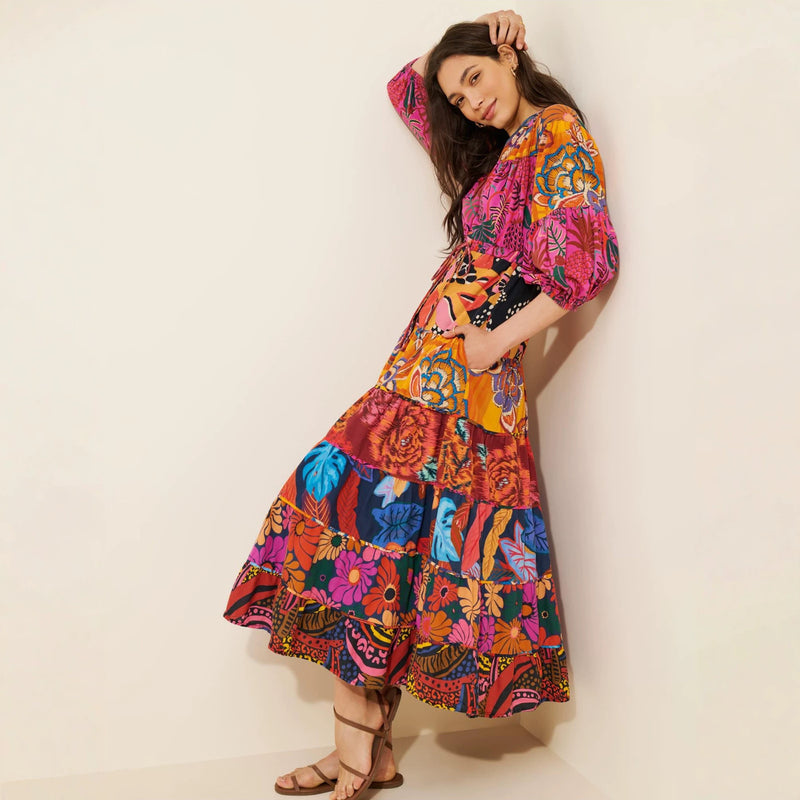 Women's Bohemian Vacation Lantern Sleeve V-Neck Waist-Tie Patchwork Dress + Long Skir - Red