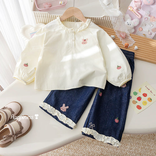 Girls' Cartoon Embroidered Shirt & Jeans 2-Piece Set