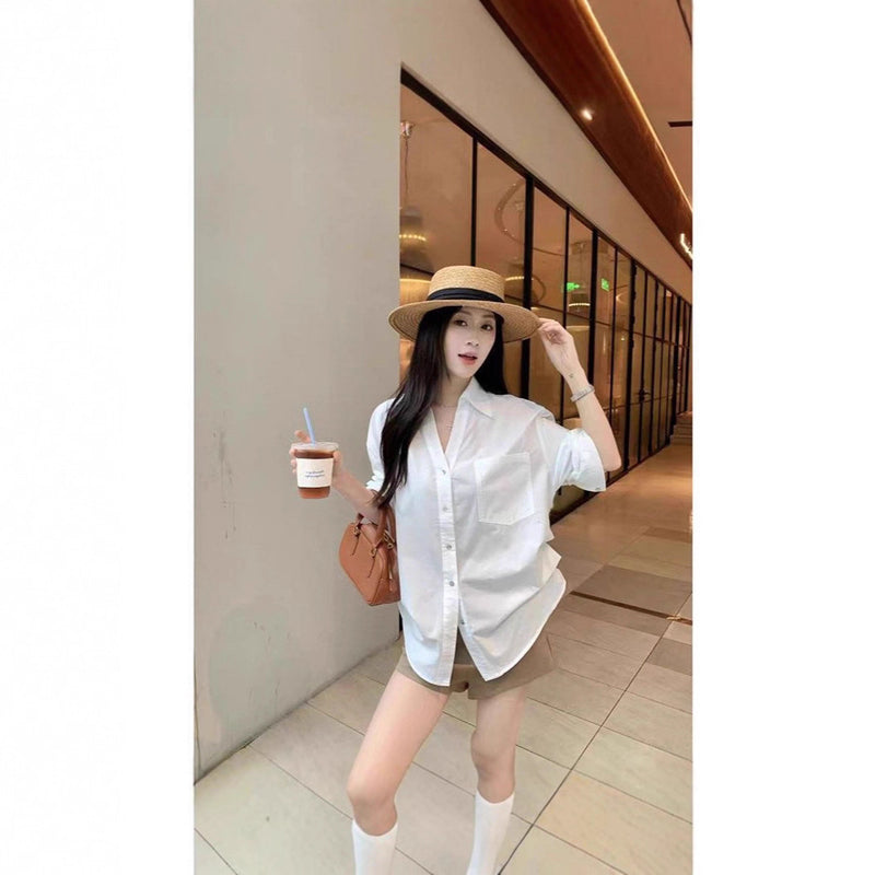 韩系设计V领泡泡袖白色衬衫女装早秋新款老钱风宽松显瘦收腰上衣