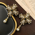 Vintage Cross Drop Imperial Breeze Western Retro Pearl Earrings Rhinestone Fashionable Personality Stud