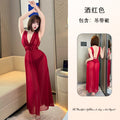 红色性感蕾丝V领低胸睡裙透视网纱高开叉私房长裙女士轻奢睡衣798