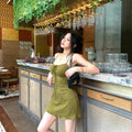 Retro Green Tie Camisole Fitted A-Line Short Dress