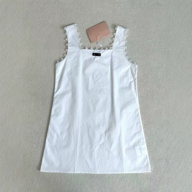 Miu Style Sleeveless Letter Logo Embroidered Lace Dress, Youthful