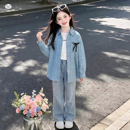 Girls' Blue Plaid Letter Embroidery Shirt Jacket