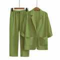 Fall Casual Fashion Linen Cotton Loose Blazer + Pants + Top 2-Piece Set