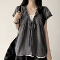 Korean Designer Short Sleeve Tie-Front Lace Trim Fake Two-Layer Shirt