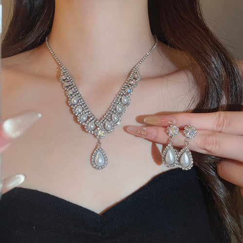 Windsor Castle Tear Gentle Rhinestone Teardrop Pearl Jewelry Set Wedding Banquet Necklace Light Luxury Niche Necklace