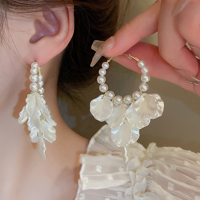 Pearl Flower Rhinestone Tassel Earrings - view 12