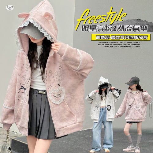 Girls' Lace Trim Hooded Zip Jacket