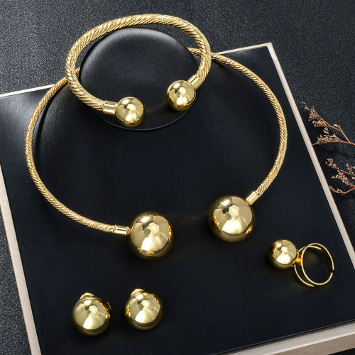 EU/US Import 18K Gold Fashionable Copper Bead Wear Jewelry Twist Necklace Bracelet Set Earrings Ring Africa Banquet Set