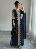 Women's Vacation Elegant Embroidered Long Sleeve V-Neck Dress + Long Skirt 2026 - Peacock Blue