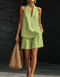 Summer Old Money Relaxed Linen Short Sleeve V-Neck Loose Wide Leg Pants + Top 2-Piece Set