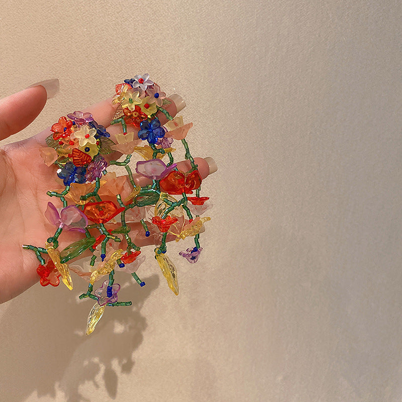 Floral Seed Bead Crystal Tassel Earrings - view 7