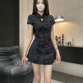 Chinese Button Modified Cheongsam Pleated Fitted Short Dress