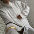 Women's Summer New Chinese Satin Stand Collar Frog Button Shirt + Pants 2-Piece Set 2 - White
