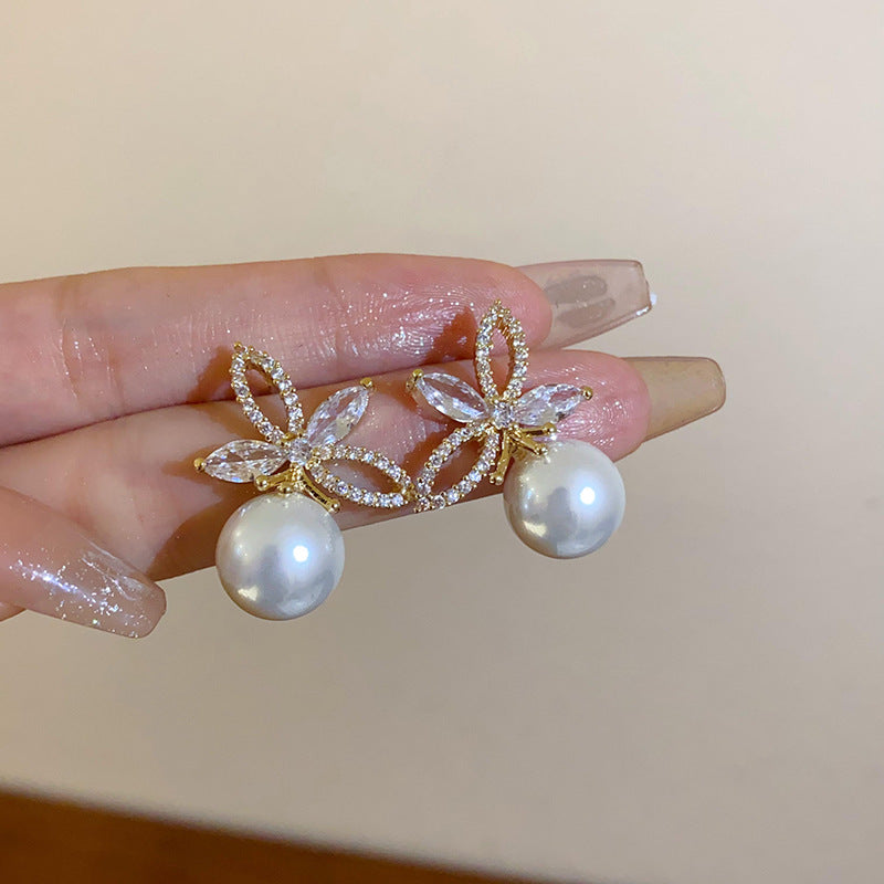 French Rhinestone Flower Round Pearl Earrings - view 10