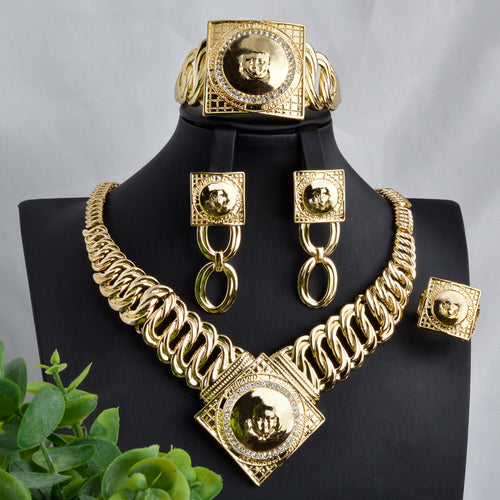 French Vogue Family Image Rhinestone Square Pendant Piece Band Shape Necklace Bracelet Set Earrings Ring Set Bride Bead Gem