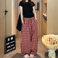 Summer Retro Casual Plus Size Plaid Wide Leg Pants + Tee Set