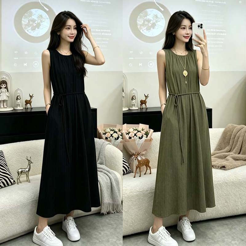 French Retro Pocket Dress - Sleeveless Waist-Cinching Loose Slip Dress Women