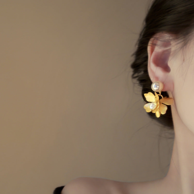 French Gold-Tone Floral Freshwater Pearl Earrings - view 3