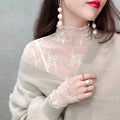 Women's Half High Neck Lace Mesh Slim Top