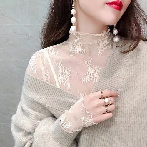 Women's Half High Neck Lace Mesh Slim Top