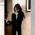 Women's Fall Korean Elegant Knit Wool Crystal Cropped Sweater + Cardigan + Jacket + T - Black